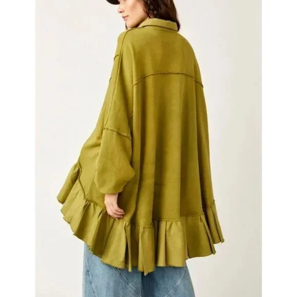 FREE PEOPLE Button Down Sweatshirt Size XS Army Green - Picture 3 of 7